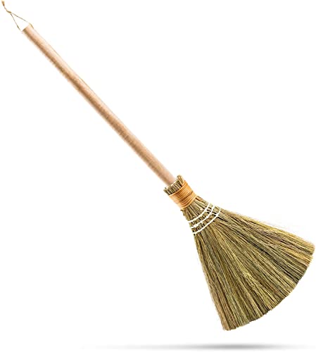 Natural Whisk Sweeping Hand Handle Broom – Vietnamese Straw Soft Broom for Cleaning Dustpan Indoor – Outdoor – Decorative Brooms – Wooden Handle – 9.84” Width, 27.55″ Length