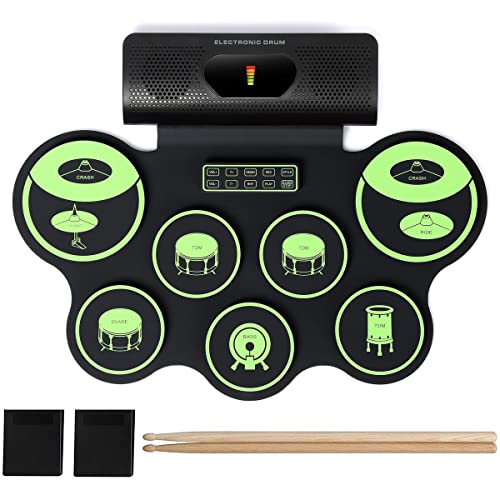 9 Pads Portable Electronic Drum Set with Built-in Speakers, Power Supply, Foot Pedals and Drumsticks, Roll Up Electric Musical Instruments