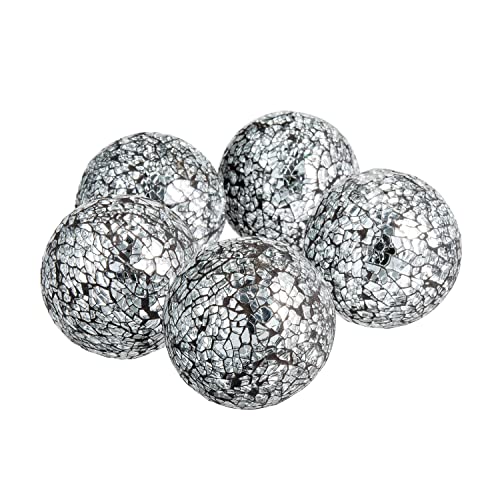 Ka Home Silver Mosaic Glass Orbs Set of 5 – Decorative Sphere Balls for Centerpiece, Tray and Bowl Displays -3 inches Each