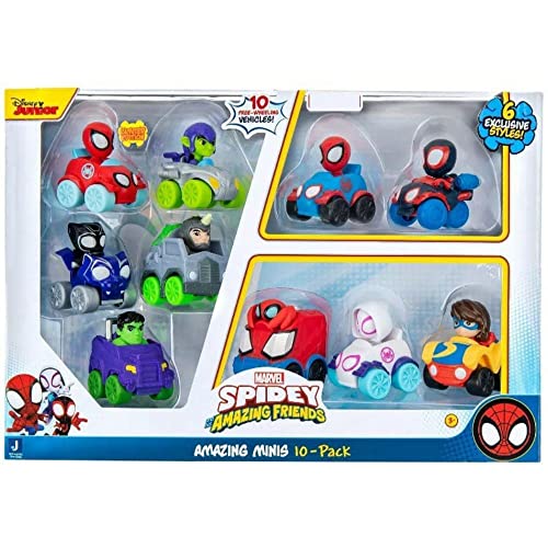 Spidey and his Amazing Friends SNF0046 10-Pack-2” Mini Vehicle Assortment Including, Ghost Spider, Miles, Hulk, and More-Toys Featuring Your Friendly Neighbourhood Spideys, Multi