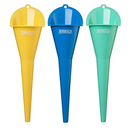 Terbold Oil Funnel 3-Pack | 11″ Long Nesting Plastic Funnels for Automotive Use, Oil Change, Gas, Car Transmission, Kitchen Use, Filling Small Bottles