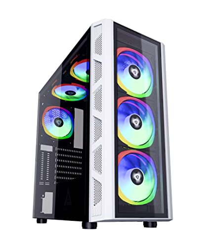 Apevia GD-PRO-WH Guardian Pro Mid Tower Gaming Case with 2 x Tempered Glass Panel, 2 x Vertical Graphics Card PCI-E Slot, Top USB3.0/USB2.0/Audio Ports, 6 x RGB Fans, White Frame