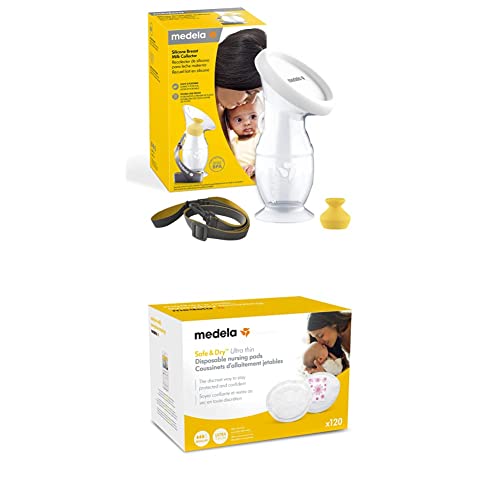 Medela Breast Milk Collector and Ultra Thin Nursing Pads | 120 Count Disposable | Leak Proof Design | Silicone | Lanyard and Spill-Resistant Stopper for Easy Use | Breastfeeding and Pumping