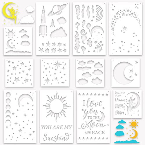 12 Pieces Moon Star Cloud Stencils for Painting Reusable Drawing Painting Stencils Sun Clouds Template for Home Decoration on Wood Wall Crafts Projects