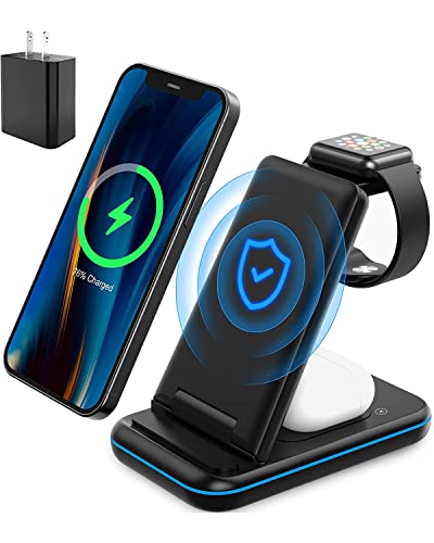 Foldable 3 in 1 Wireless Charger for Apple, Wireless Charging Station for iPhone 13/12/11/X/XR/XS/8, Apple Watch 7/6/SE/5/4/3/2/1, Airpods 2/Pro, Qi-Certified Wireless Charging Stand with 18W Adapter