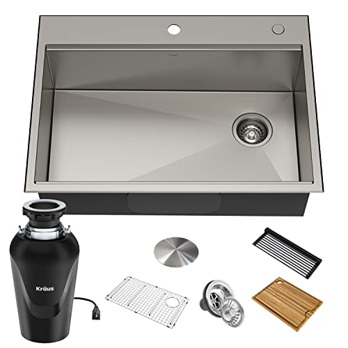 KRAUS Kore™ Workstation 30-inch Drop-In 16 Gauge Single Bowl Stainless Steel Kitchen Sink with Accessories (Pack of 5) with WasteGuard™ Continuous Feed Garbage Disposal, KWT310-30-100-75MB