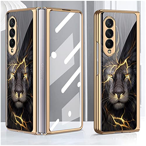 PUROOM for Samsung Galaxy Z Fold 3 Case Luxury Plating PC Hybrid Glass Crystal with Front Tempered Glass All-Inclusive Protective Cover Case for Samsung Galaxy Z Fold 3 5G 2021 (Lion)
