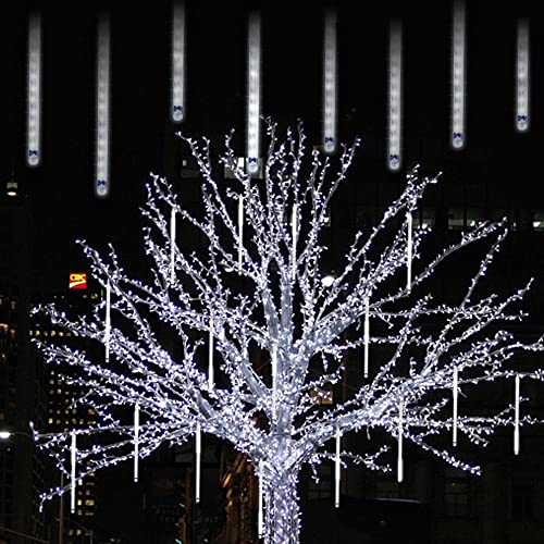 LJLNION Meteor Shower Lights, 12 Inch Outdoor Icicle Christmas Lights, 8 Tubes 288 LED Iciclelights Snow Falling Lights, Connectable Raindrop Lights, Xmas Wedding Party Tree Holiday Decor, White