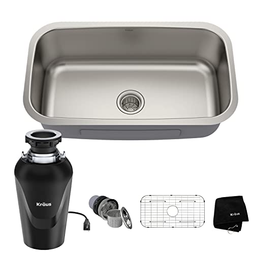 KRAUS Premier 31 ½-inch 16 Gauge Undermount Single Bowl Stainless Steel Kitchen Sink with WasteGuard™ Continuous Feed Garbage Disposal, KBU14-100-75MB