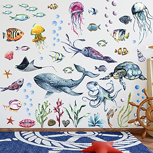 Creative Removable 3D Under The Sea Wall Sticker Ocean Life Coral Grass Wall Decal Peel and Stick Fish Sea Turtle Whale Wall Decor for Kids Bedroom Bathroom Nursery Living Room Wall Corner Decoration (B)