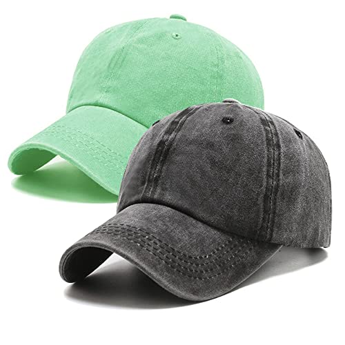 PFFY 2 Packs Vintage Washed Distressed Baseball Cap Dad Golf Hat Black+LightGreen