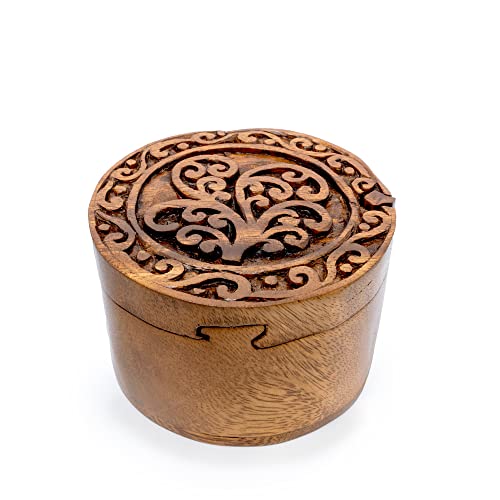 SARDA Brown Suar Wood Hand-Carved Filigree Tree of Life Round Cylindrical Jewelry Puzzle Box – Handmade by Bali Artisans – 4″ x 2-1/2″