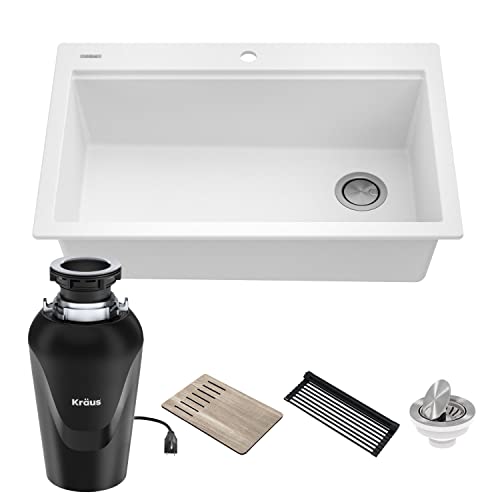 KRAUS Bellucci Workstation 33 in. Drop-In Granite Composite Single Bowl Kitchen Sink in White with Accessories with WasteGuard™ Continuous Feed Garbage Disposal, KGTW1-33WH-100-75MB