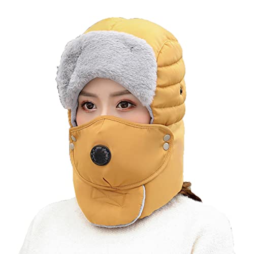 Asufegucd Women’s Men Outdoor Winter Hat,Fleece Lined Womens Beanie Hat Scarf Mask Set Warm Earmuff Hats Lei Feng hat (Yellow)