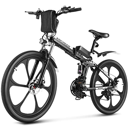 ANCHEER Electric Bike, Folding Electric Bike 26″ Electric Mountain Bike with Magnesium Alloy Integrated Wheel, Electric Bike for Adult Features Premium Front and Rear Suspension and 21 Speed Gears
