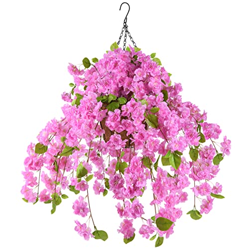 Artificial Flowers Hanging Basket with Peach Blossom Silk Vine Flowers for Outdoor/Indoor, Artificial Hanging Plant in Basket, Ivy Basket Artificial Hanging Plant for Patio Lawn Garden Decor (Purple)