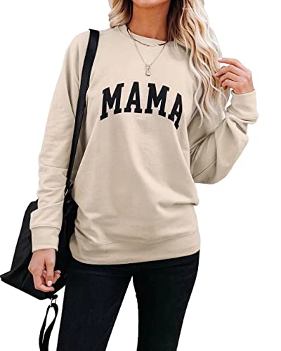 LEEDYA Women Mama Sweatshirt Letter Printed Loose Fit Tops Round Neck Long Sleeve Shirts Apricot XX-Large