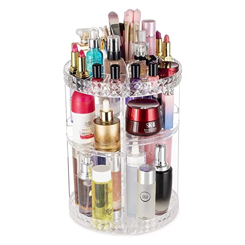 NC Makeup Organizer，360 Degree Rotating Cosmetic Storage Organizer, Dressing table lipstick skin care product storage，Diamond pattern acrylic