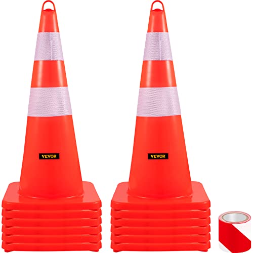 VEVOR Safety Cones, 12 x 28″ Traffic Cones, PVC Orange Construction Cones, 2 Reflective Collars Traffic Cones with Weighted Base and Hand-Held Ring Used for Traffic Control, Driveway Road Parking