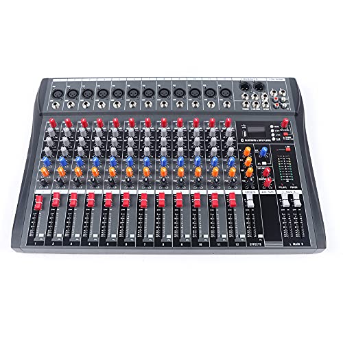 Audio Mixer,12 Channel Bluetooth Mixer Sound Mixing Console,Live Studio LED Display, 48V USB Stereo Audio Amplifier Mixer with 3-Band Equalizer for kTV DJ Live Player Recording (12 Channel)