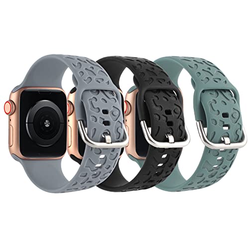 3 Pack Cheetah Engraved Strap Compatible with Apple Watch Bands 38mm 40mm 41mm,Fancy Leopard Laser Printed Soft Silicone Accessories for iWatch Series 1 2 3 4 5 6 SE 7 (Grey Black Green, 38/40/41mm)