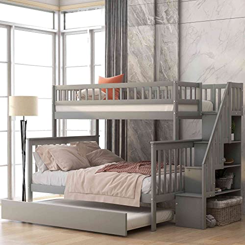 Cotoala Full Bunk Bed with Trundle, Wood Stairway Twin, Storage and Guard Rail, No Spring Box Needed, Grey, Twin Over Full
