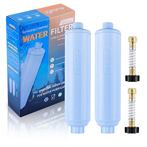 AutoEC RV Water Filter with Flexible Hose Protector, Reduces Chlorine, Odors, Bad Taste, Rust, Sediments, Drinking & Washing Filter for RV Accessories, Campers, Gardening, Motorhome, 2 Pack