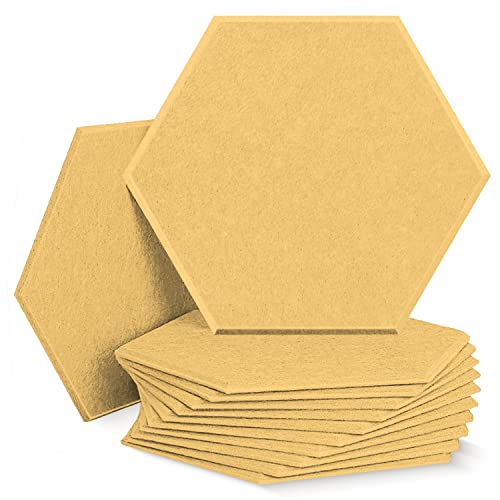 Acoustic Solution Hexagon Panels, 12-Pack – Self-Adhesive Sound Absorbing Panel Tiles, 14x13x0.5” Each, Made of Thicker Polyester Fiber Foam with Beveled Edges for Superior Soundproofing, Yellow