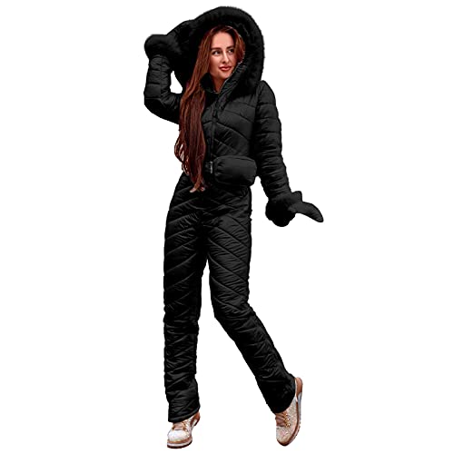 WANYUE Onesies Ski Suits for Women One Piece Jumpsuits Winter Waterproof Snowsuit Removable Fur Collar Coat with Gloves&Bags Black