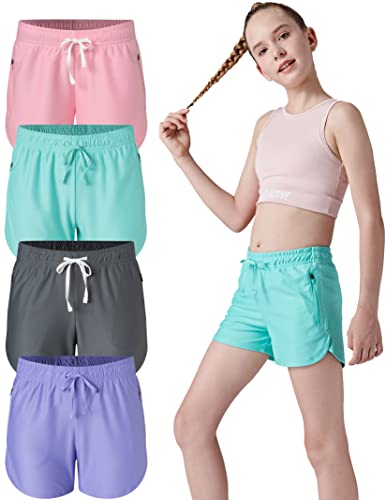 4 Pack Youth Girls Athletic Shorts 3″, Girls Soccer Shorts, Kids Workout Gym Clothes Activewear Apparel with Zipper Pockets (Set 1, Medium)