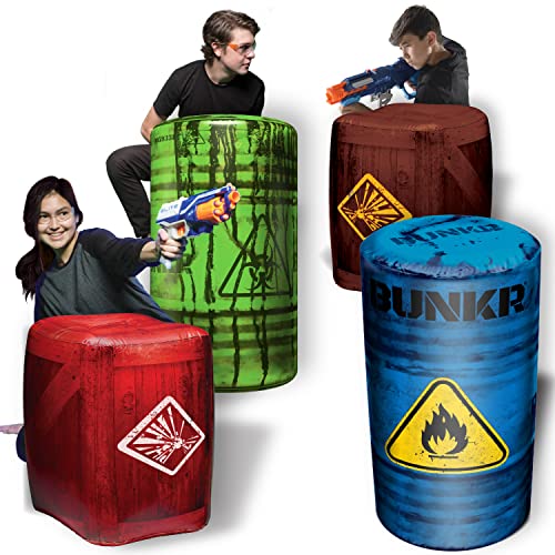 BUNKR BattleZones Battle Royale Inflatable Bunker Fort – 4 Piece Barricade Shield Set Crates and Barrels – Perfect for NERF Party