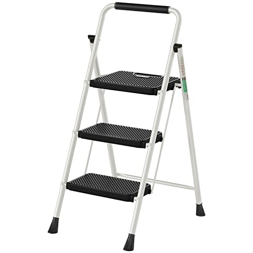 3 Step Ladder, RIKADE Folding Step Stool, Step Stool with Wide Anti-Slip Pedal, Lightweight, Portable Folding Step Ladder with Handgrip, Multi-use Steel Ladder for Household and Office