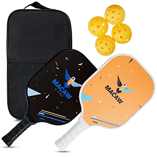 Macaw Sports Pickleball Paddle Set, Graphite Set of 2 Rackets (One Black, One Yellow) and 4 Pickleballs, Carrying Bag. A Portion All Sales donated to The Fight Against Climate Change, Standard