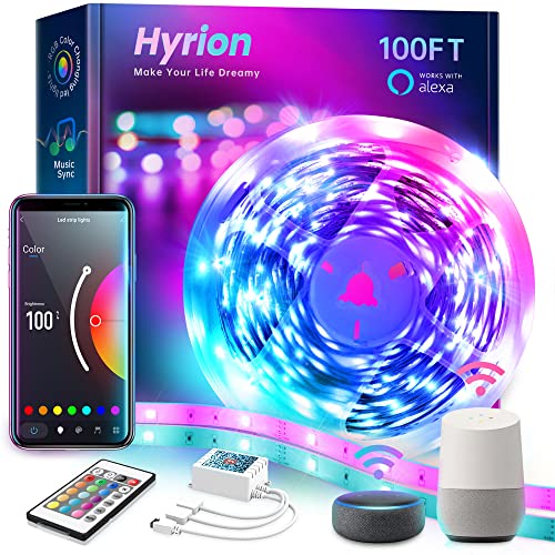 hyrion 100ft Smart Led Strip Lights for Bedroom, Sound Activated Color Changing with Alexa and Google, Music Sync RGB Led Lights with App Controlled for Room Decoration(2 Rolls of 50ft)