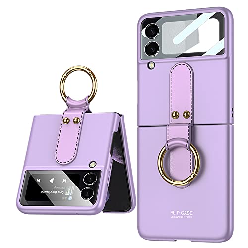 DOOTOO for Samsung Galaxy Z Flip 3 Case Ultra Thin Matte PC Protective Cover with Ring，Hybrid 9H Glass All-Inclusive Camera Lens Protector Case for Samsung Galaxy Z Flip 3 5G (Purple)
