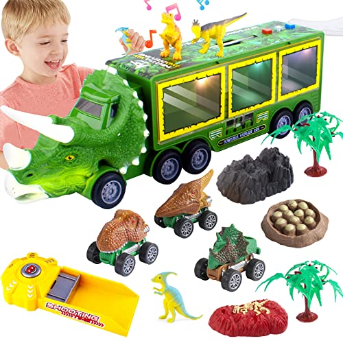 Dinosaur Truck Carrier for Boys and Girls, Car Transporter Toy with Light Sound Kids Dinosaur Toys Set with Pull Back Car Launcher Track Dinosaur Park Pretend Toy Kids Gift for Age 3 4 5 6 7 8