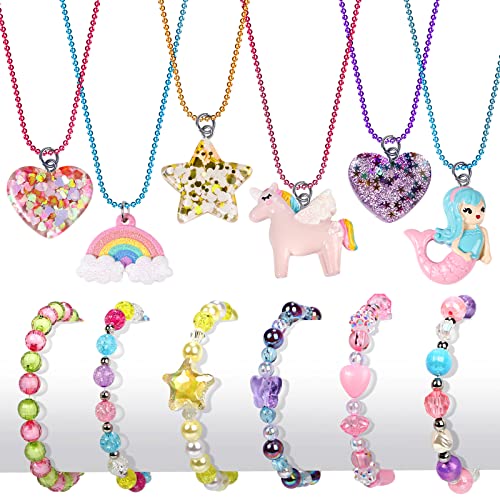 G.C 12 Pcs Necklaces Bracelets Set with Cute Mermaid Unicorn Heart Star Rainbow Charms Kids Gift Toy Party Favors Pretend Play Dress up Colorful Friendship Costume Jewelry for Little Girls Toddler