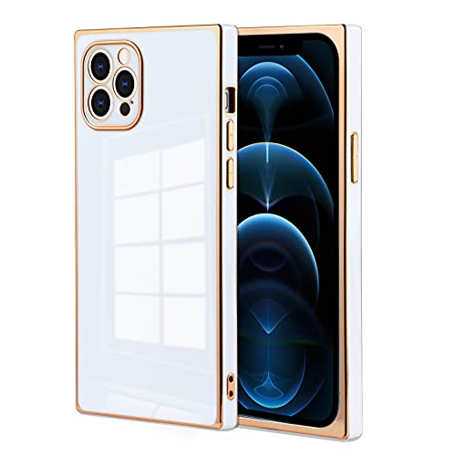 OOK Compatible with iPhone 13 Pro Case Square Cute Gold Plating Reinforced Corners Soft TPU Edge Slim Full-Body Shockproof Protective Case Cover for iPhone 13 Pro 6.1 Inch 2021 – White