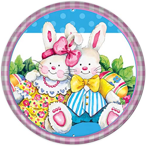 RIFOSA Round Metal Tin Sign Easter Buddies Sign Easter Sign Bunny Sign Wreath Metal Tin Sign Vintage Sign for Home Coffee Garden Wall Decor 12×12 Inch