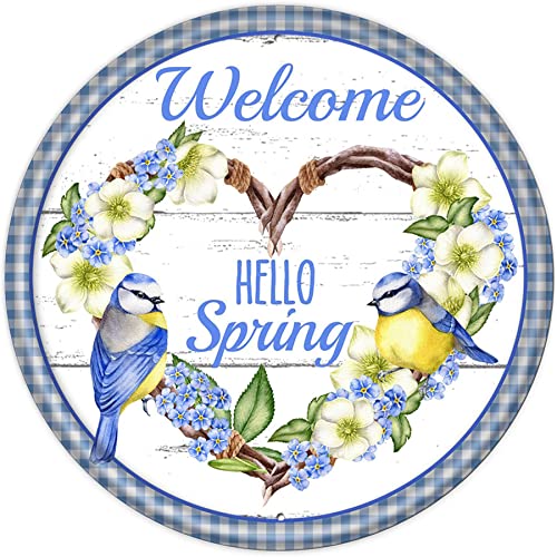 RIFOSA Round Metal Tin Sign Welcome Hello Spring Sign Bird Sign Spring Sign Door Metal Tin Sign Vintage Sign for Home Coffee Garden Wall Decor 12×12 Inch, 12X12IN
