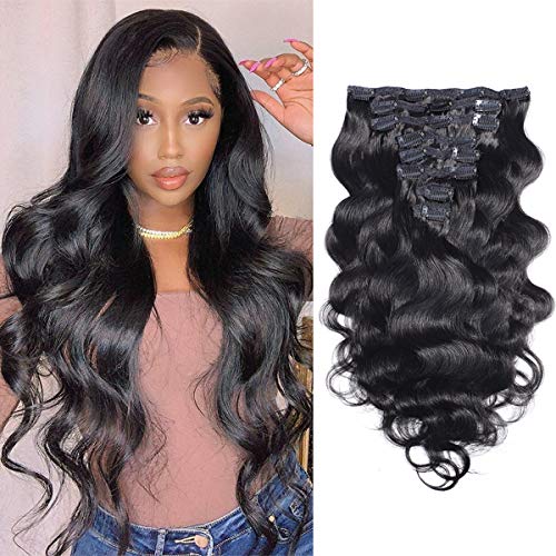 Kislemon Clip in Hair Extensions #1B Natural 10A Body Wave 100% Unprocessed Virgin Human Hair Cheap 8 Pieces/Lot 125g with 16 Clips(26 Inch)