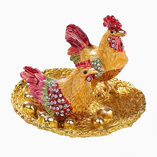 Ingbear Pink Hen&Rooster Figurine Hinged Trinket Box For Women, Unique Gift for Valentine’s Day, Home Decor with Rhinestone and Crystal, Hand-Plated Enameled Jewelry Box