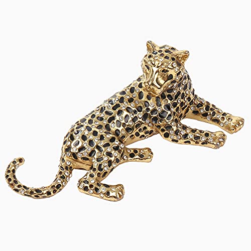 Ingbear Golden Leopard Figurine Hinged Trinket Box For Women, Unique Gift for Valentine’s Day, Home Decor with Rhinestone and Crystal, Hand-Plated Enameled Jewelry Box
