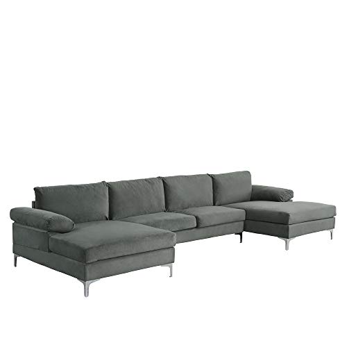 Casa Andrea Milano Modern Large Velvet Fabric U-Shape Sectional Sofa, Double Extra Wide Chaise Lounge Couch, Slate