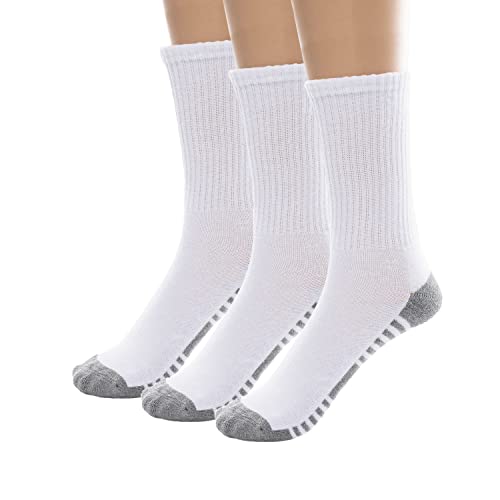 Boys Bamboo Crew Cushioned Athletic Socks with Seamless Toe- 3 Pairs (White, 8-9)