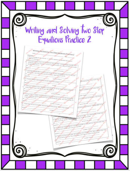 Writing and Solving Two Step Equations Practice 2