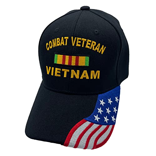 Windcatcher Combat Veteran Vietnam Ribbon Baseball Cap – Black with US Flag on The Bill, One Size