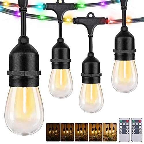 LED Outdoor String Lights, 48FT Patio Lights with Remote & 15 Dimmable Edison Shatterproof Bulbs, RGB Fairy Rope Hanging Light for Outside, Café, Deck, Porch, Garden, Bistro, Christmas Party (Plug)