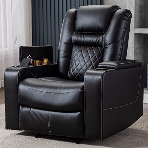 CANMOV Electric Power Recliner Chair with USB Ports and Cup Holders, Breathable Leather Home Theater Seating with Hidden Arm Storage (Black)