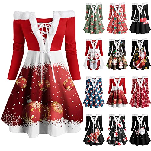 MRGIINRI Ugly Christmas Dresses for Women Casual 2022 Long Sleeve Patchwork V Neck Knee-Length Xmas Elegant Party Dress | The Storepaperoomates Retail Market - Fast Affordable Shopping